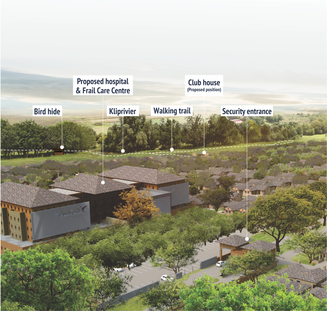 Image showing the proposed location of the bird hide, proposed hospital and frail care centre, Kliprivier, club house, walking trail and security entrance